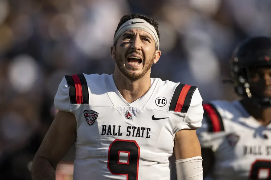 Drew Plitt #9 of the Ball State Cardinals looks on during the first half of the game against the Penn State Nittany Lions at Beaver Stadium on September 11, 2021 in State College, Pennsylvania.