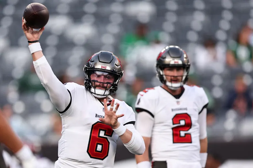 Baker Mayfield of the Tampa Bay Buccaneers warms up before the preseason game against the New York Jets, and we offer new U.S. bettors our exclusive Caesars promo code for NFL Week 6.