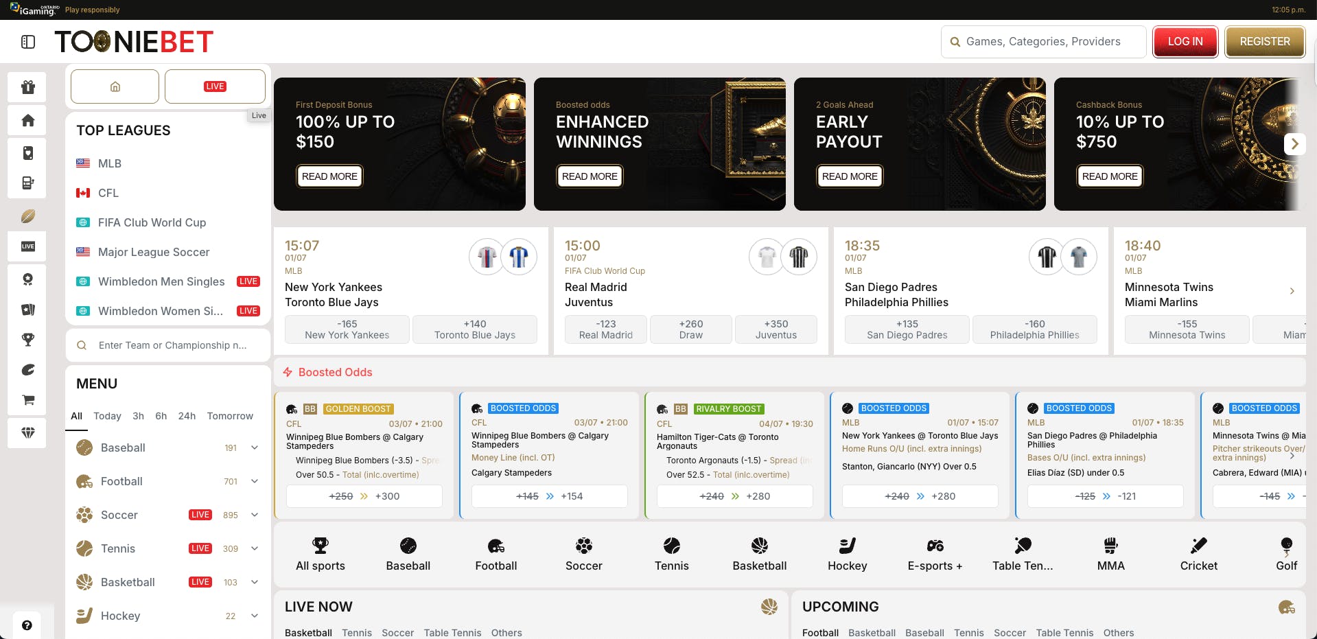 ToonieBet Sportsbook sports markets page in desktop view.