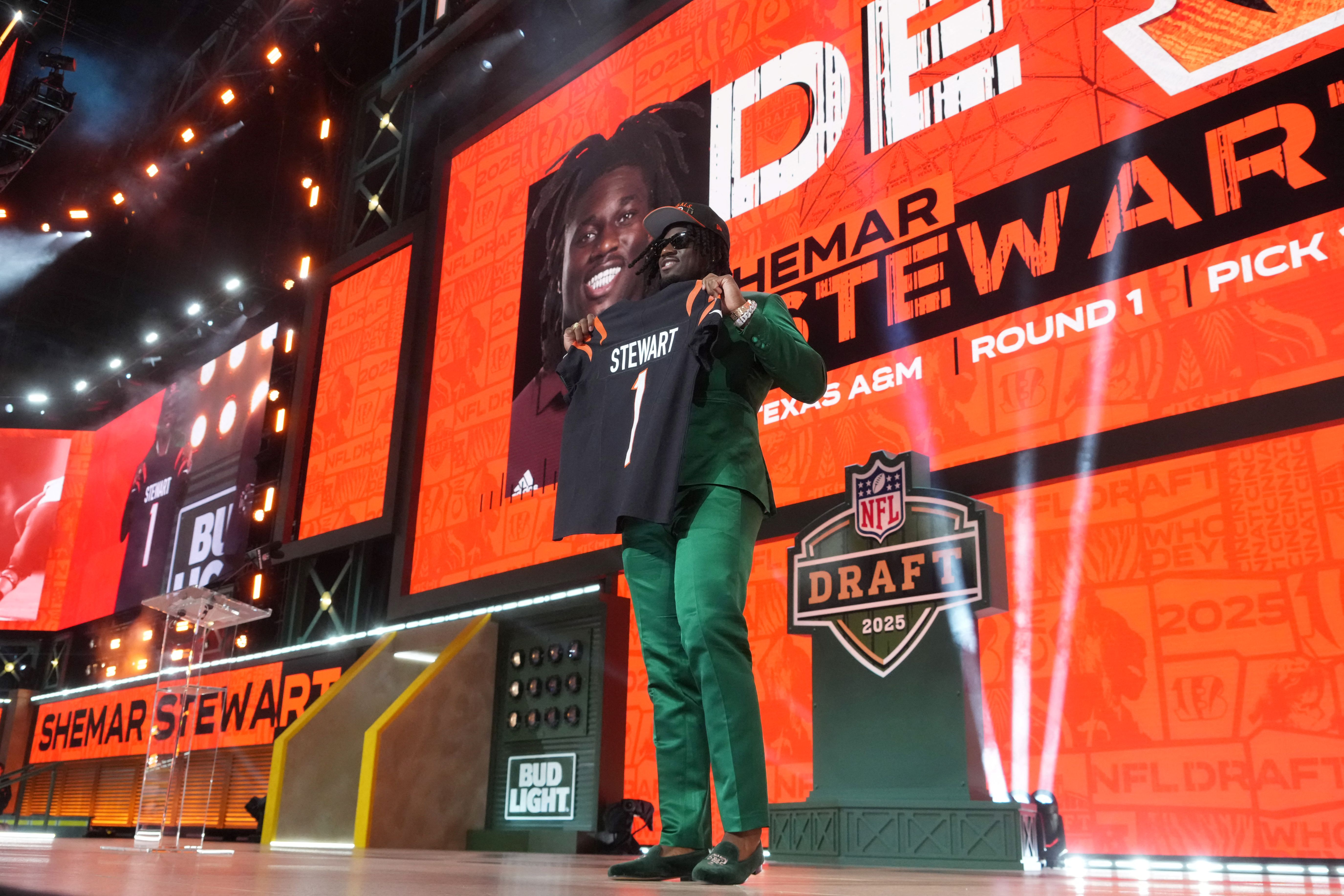 Texas A&M Aggies defensive end Shemar Stewart is selected by the Cincinnati Bengals as the number seventeen pick in the first round of the 2025 NFL Draft at Lambeau Field.