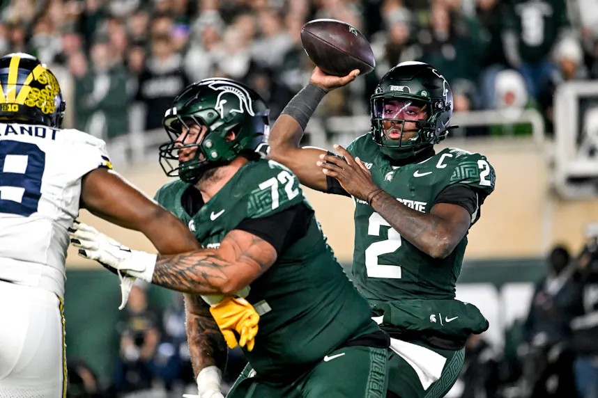 Michigan State's Aidan Chiles throws a pass as we make our Big Ten best bets for Week 10.