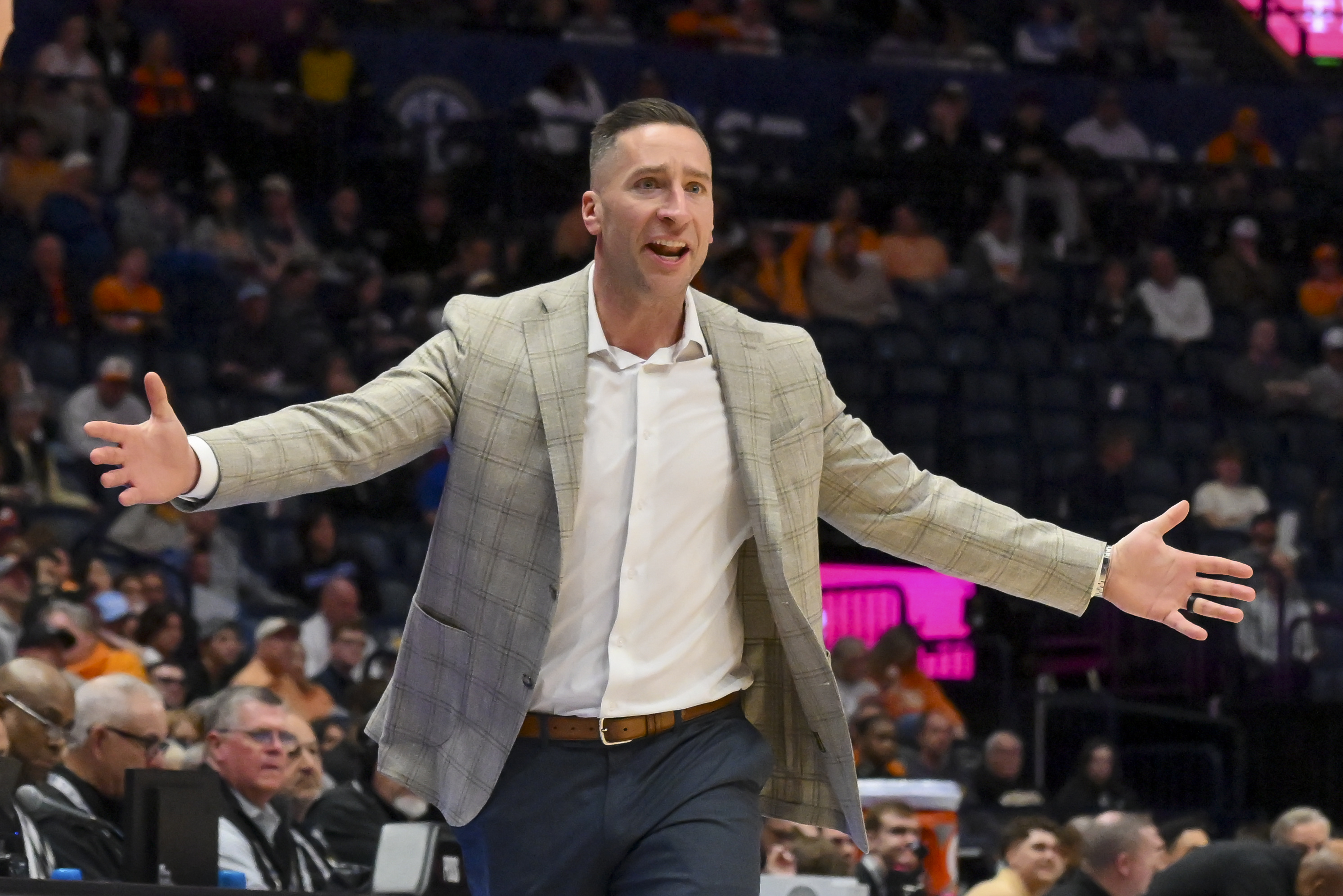 Auburn Tigers head coach Steven Pearl, whose team leads the 2026 NIT odds, reacts to a call.