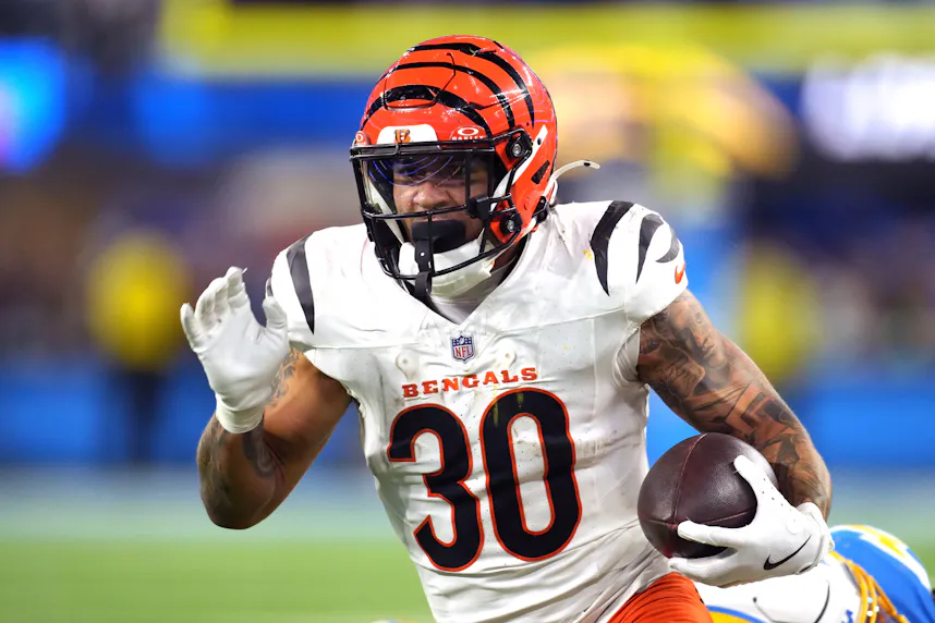 Cincinnati Bengals running back Chase Brown carries the ball against the Los Angeles Chargers as we look at our First Touchdown Scorer Predictions for Monday Night Football.