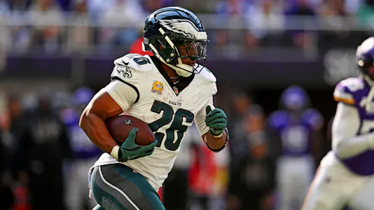 Philadelphia Eagles running back Saquon Barkley - who's featured in our Sunday same game parlays -  runs the ball.