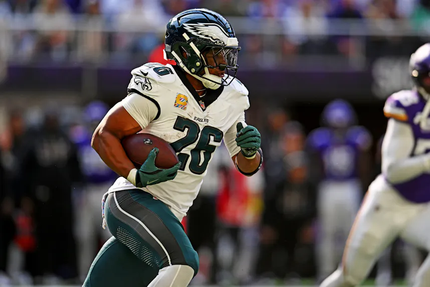 Philadelphia Eagles running back Saquon Barkley - who's featured in our Sunday same game parlays -  runs the ball.