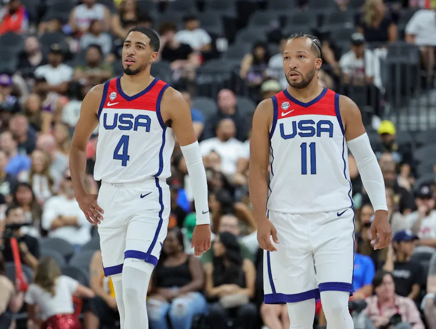 Tyrese Haliburton and Jalen Brunson of the United States walk on the court during a break as we share the best USA vs. Italy promo.
