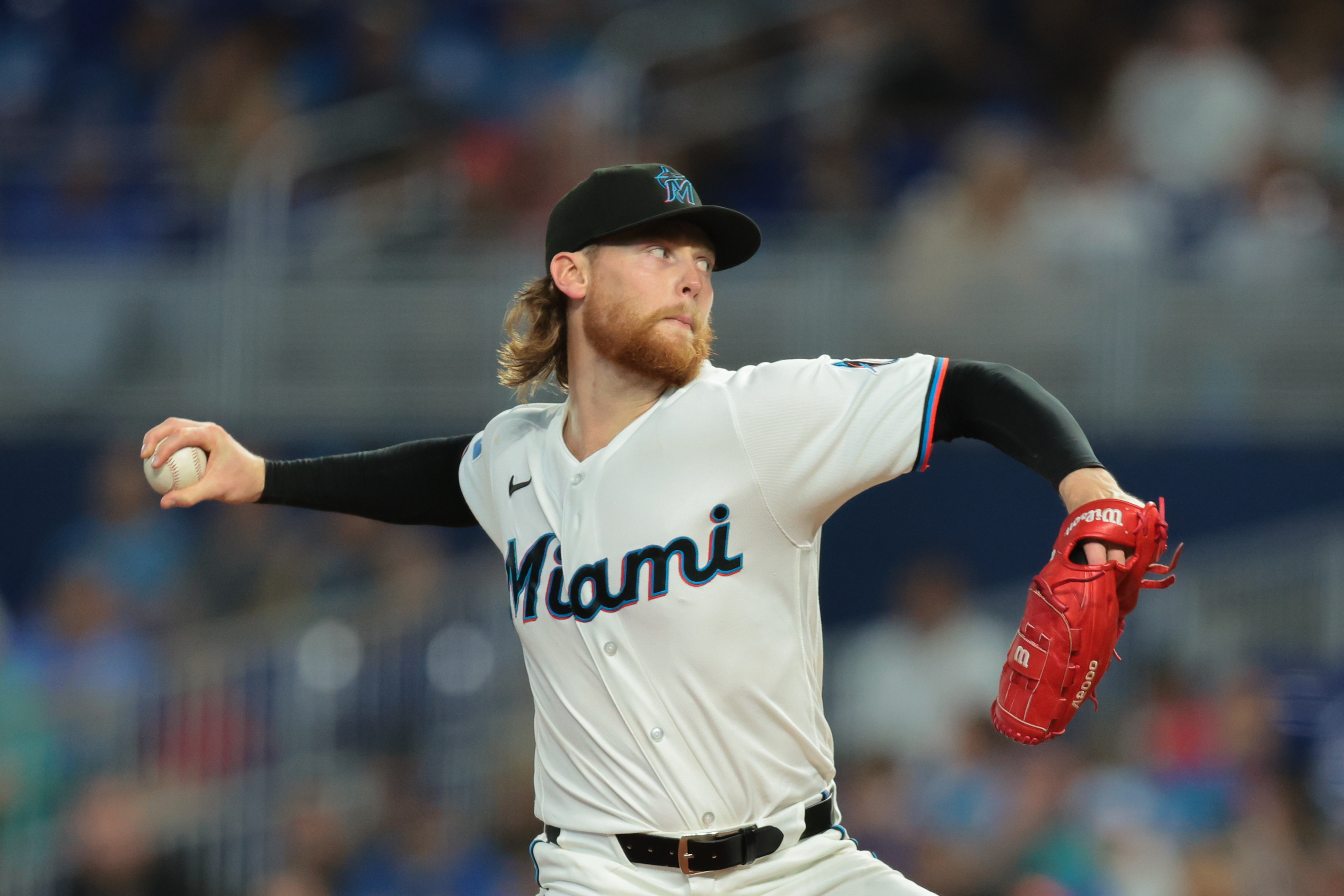 Miami Marlins starting pitcher Max Meyer - who's featured in my best NRFI bets today - delivers a pitch. 
