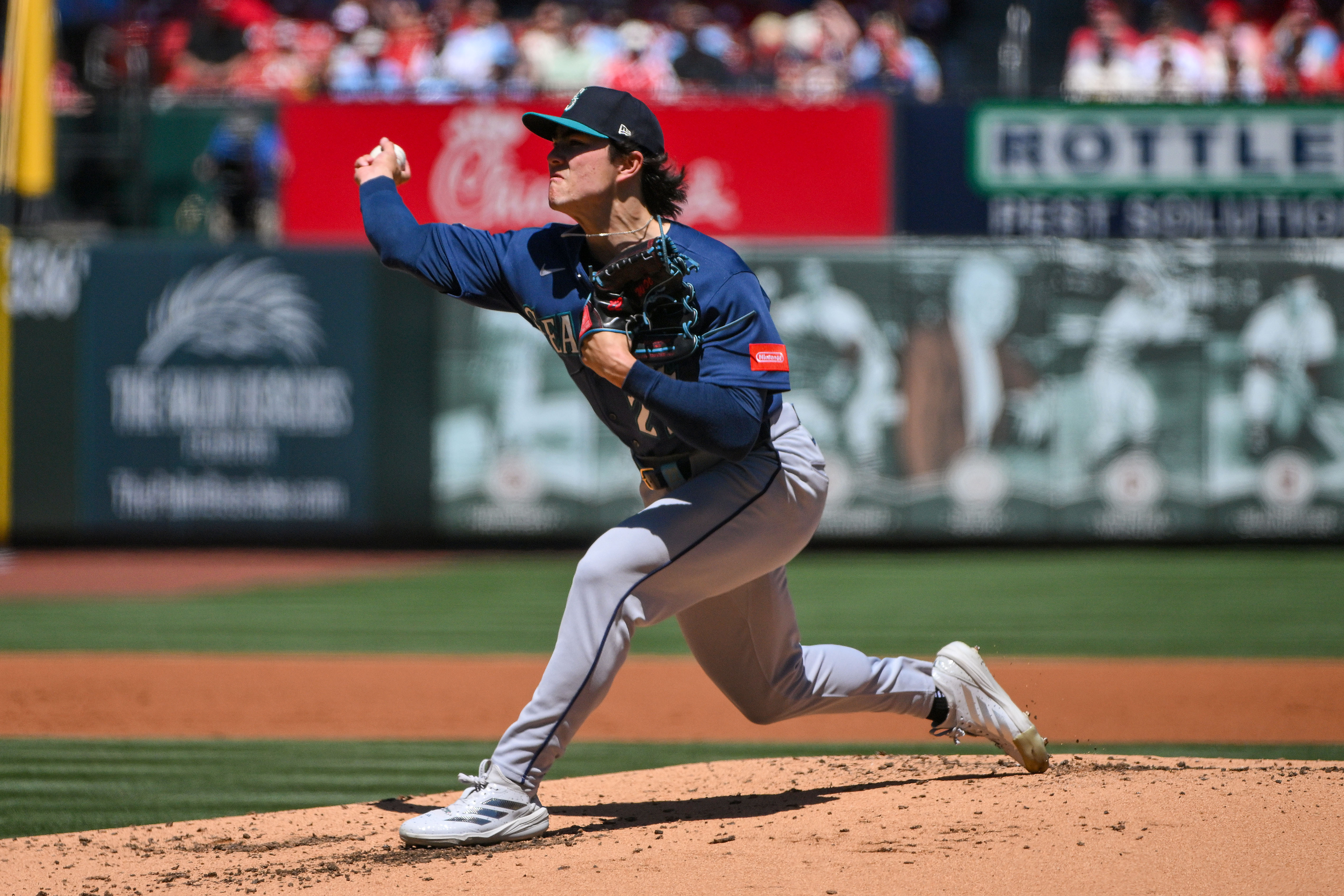 Seattle Mariners starting pitcher Bryan Woo - who's featured in my best NRFI bets today - pitches. 
