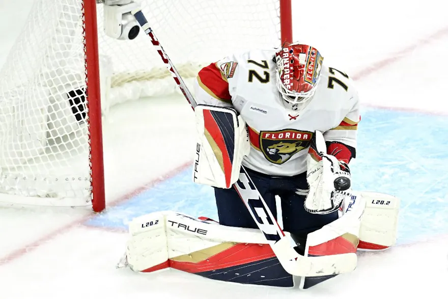 Sergei Bobrovsky of the Florida Panthers makes a save as we look at the best 2024 Stanley Cup odds.