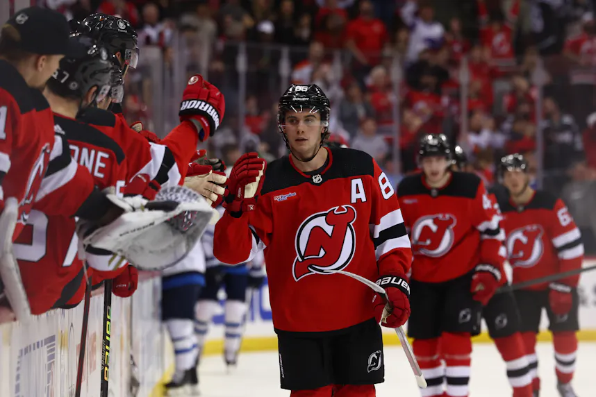 New Jersey Devils center Jack Hughes celebrates his goal against the Winnipeg Jets during the third period at Prudential Center as we look at Prophet Exchange leaving New Jersey.