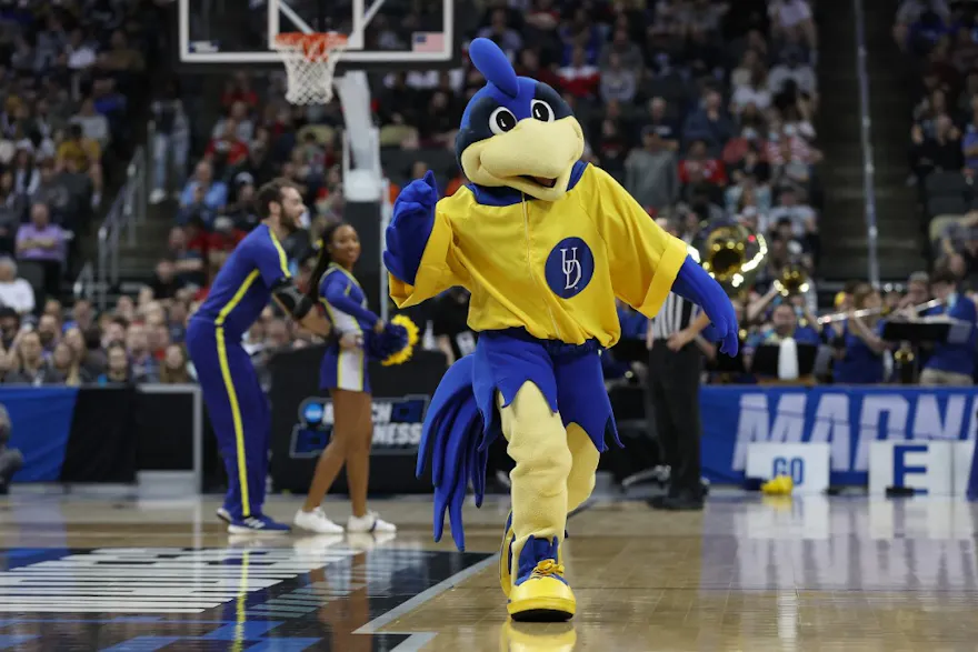 Delaware Fightin Blue Hens mascot YoUDee performs during a timeout as we look at the launch of the first sports betting app in the state