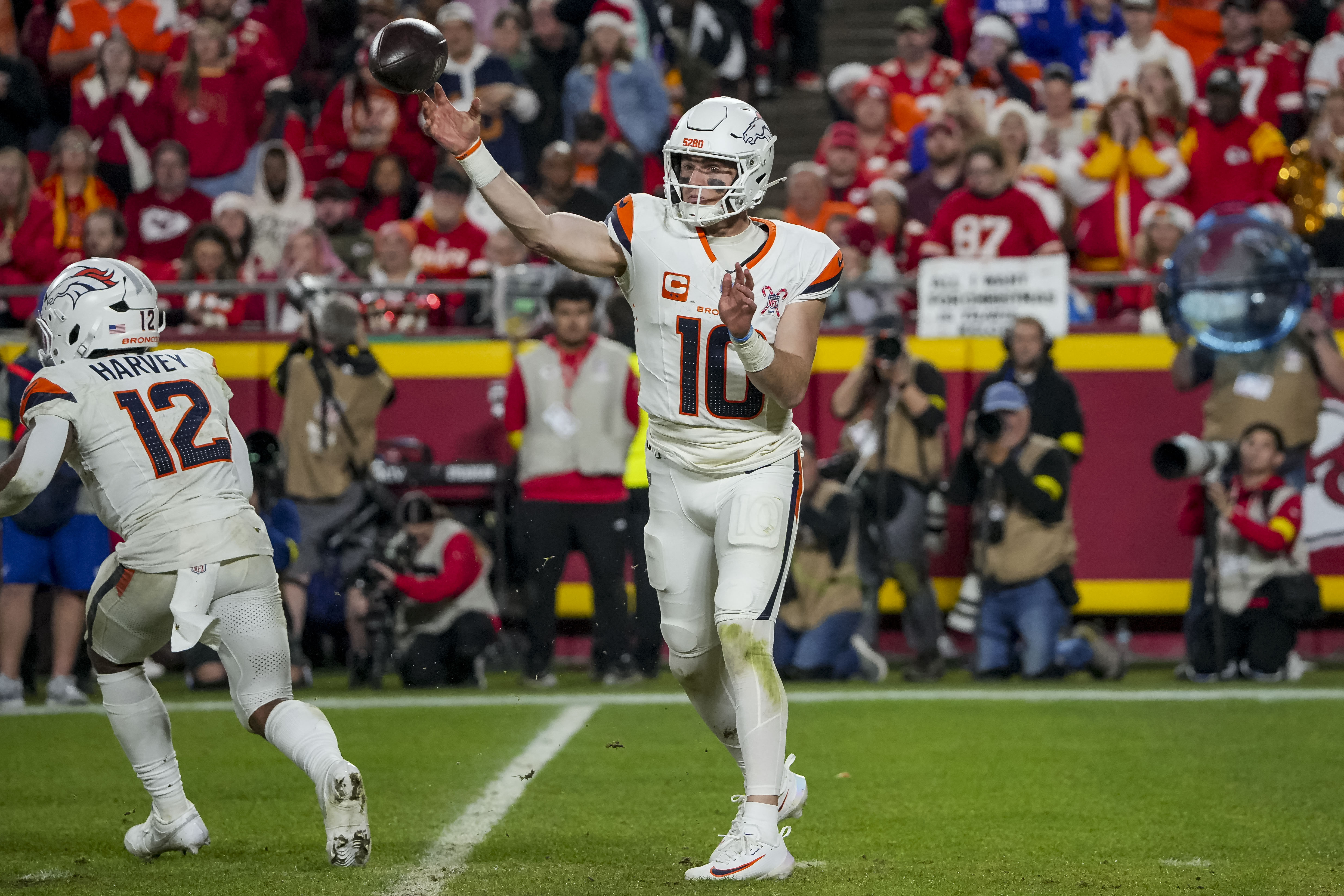 Denver Broncos quarterback Bo Nix (10) throws a pass as we break down our Divisional Round predictions.