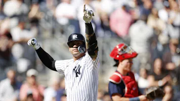 Gleyber Torres of the New York Yankees reacts after hitting a solo home run during the first inning against the Boston Red Sox, and we offer new U.S. bettors our exclusive FanDuel promo code.