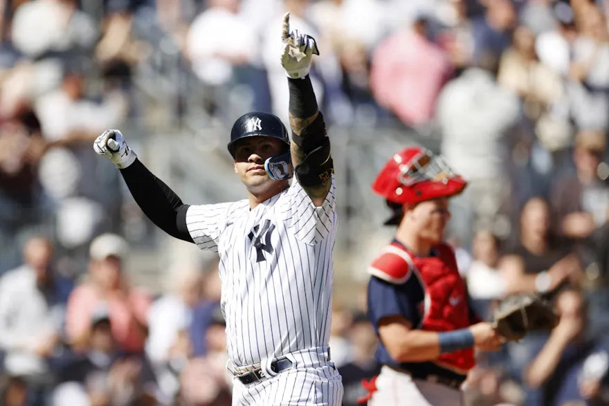 Gleyber Torres of the New York Yankees reacts after hitting a solo home run during the first inning against the Boston Red Sox, and we offer new U.S. bettors our exclusive FanDuel promo code.