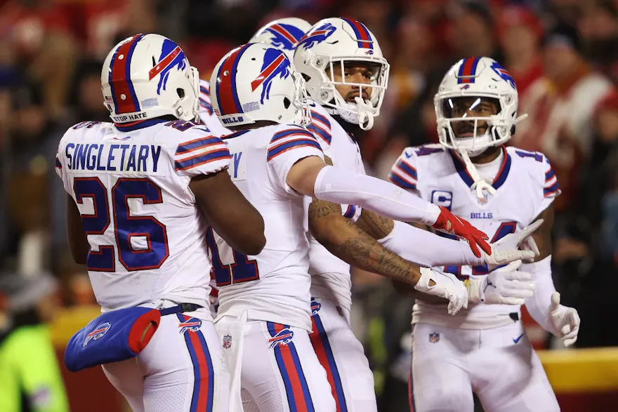 Gabriel Davis #13 of the Buffalo Bills celebrates with teammates after scoring a touchdown in the game against the Kansas City Chiefs in the AFC Divisional Playoff game at Arrowhead Stadium on Jan. 23.