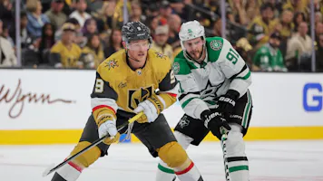 Jack Eichel (9) of the Vegas Golden Knights skates with the puck ahead of Tyler Seguin (91) of the Dallas Stars, as we offer our best Golden Knights vs. Stars expert picks for Game 7 on Sunday.