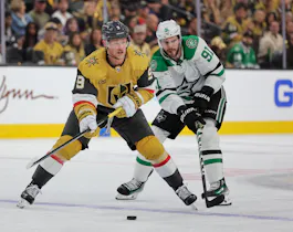 Jack Eichel (9) of the Vegas Golden Knights skates with the puck ahead of Tyler Seguin (91) of the Dallas Stars, as we offer our best Golden Knights vs. Stars expert picks for Game 7 on Sunday.