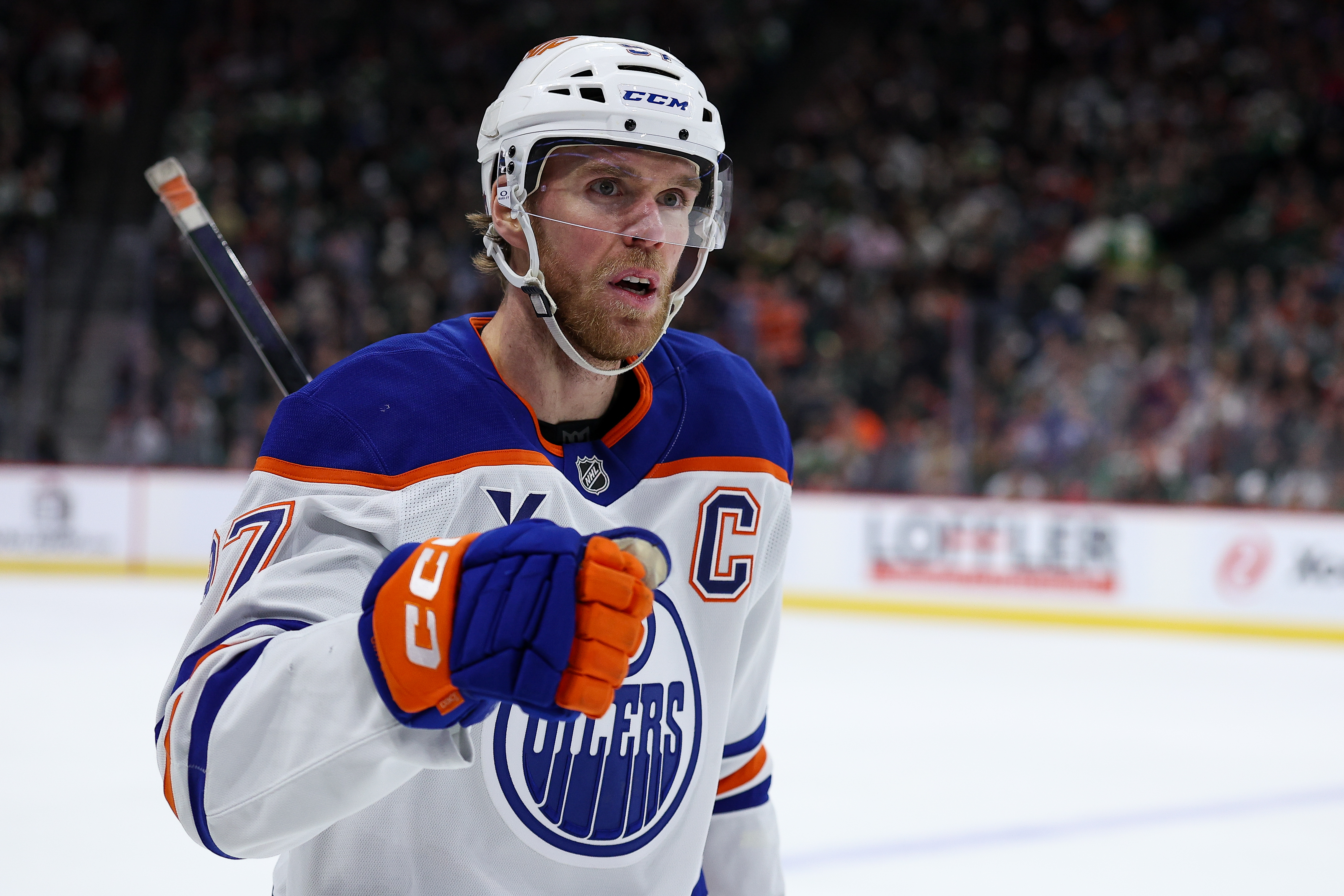 Edmonton Oilers center Connor McDavid (97) celebrates his goal as we offer our NHL player props today.