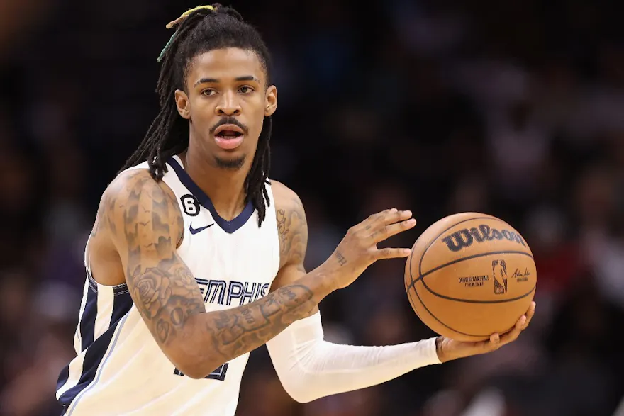 Ja Morant #12 of the Memphis Grizzlies handles the ball during the second half of the NBA game at Footprint Center on January 22, 2023 in Phoenix, Arizona. The Suns defeated the Grizzlies 112-110.
