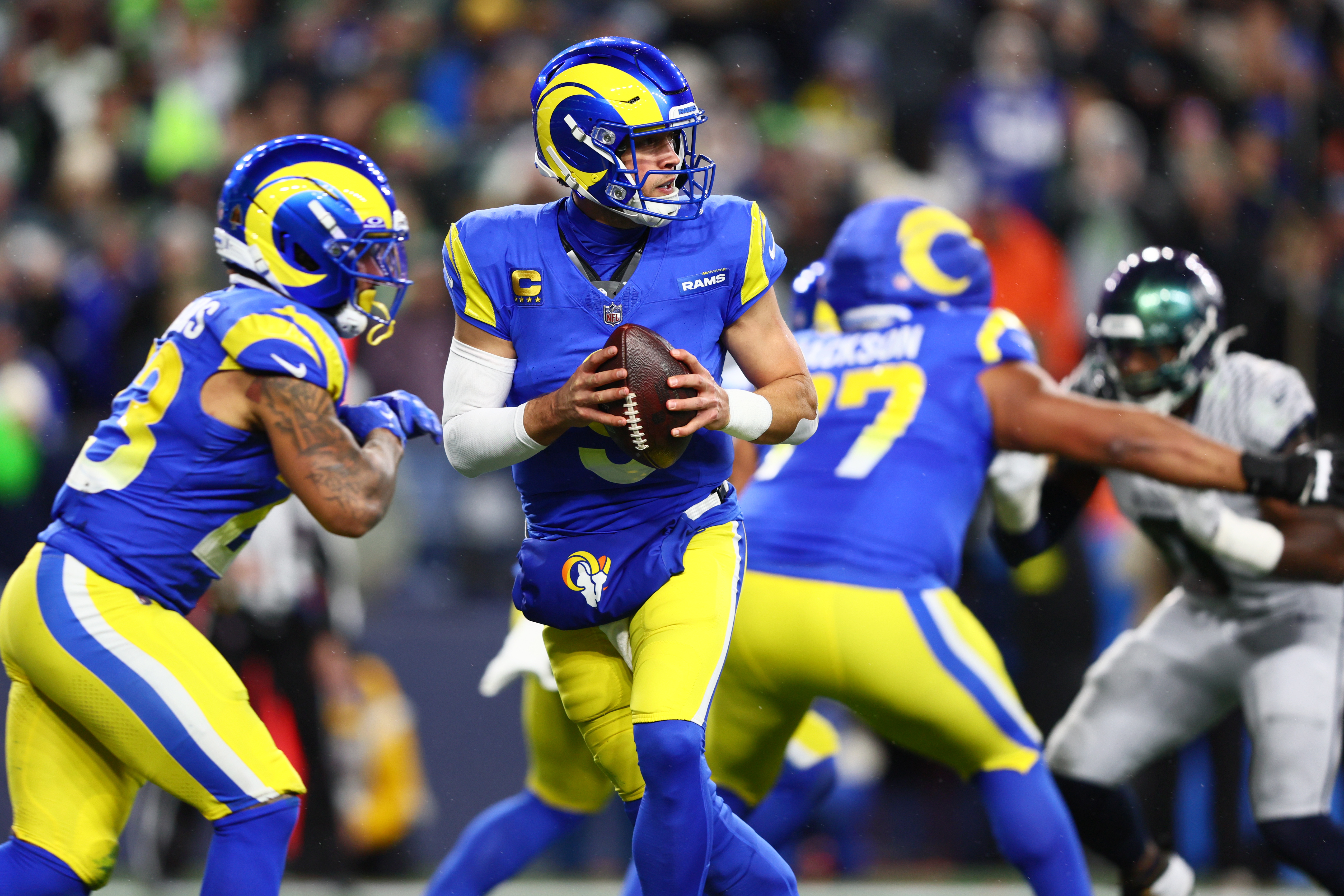 Los Angeles Rams quarterback Matthew Stafford (9) looks to pass as the NFL MVP odds favorite