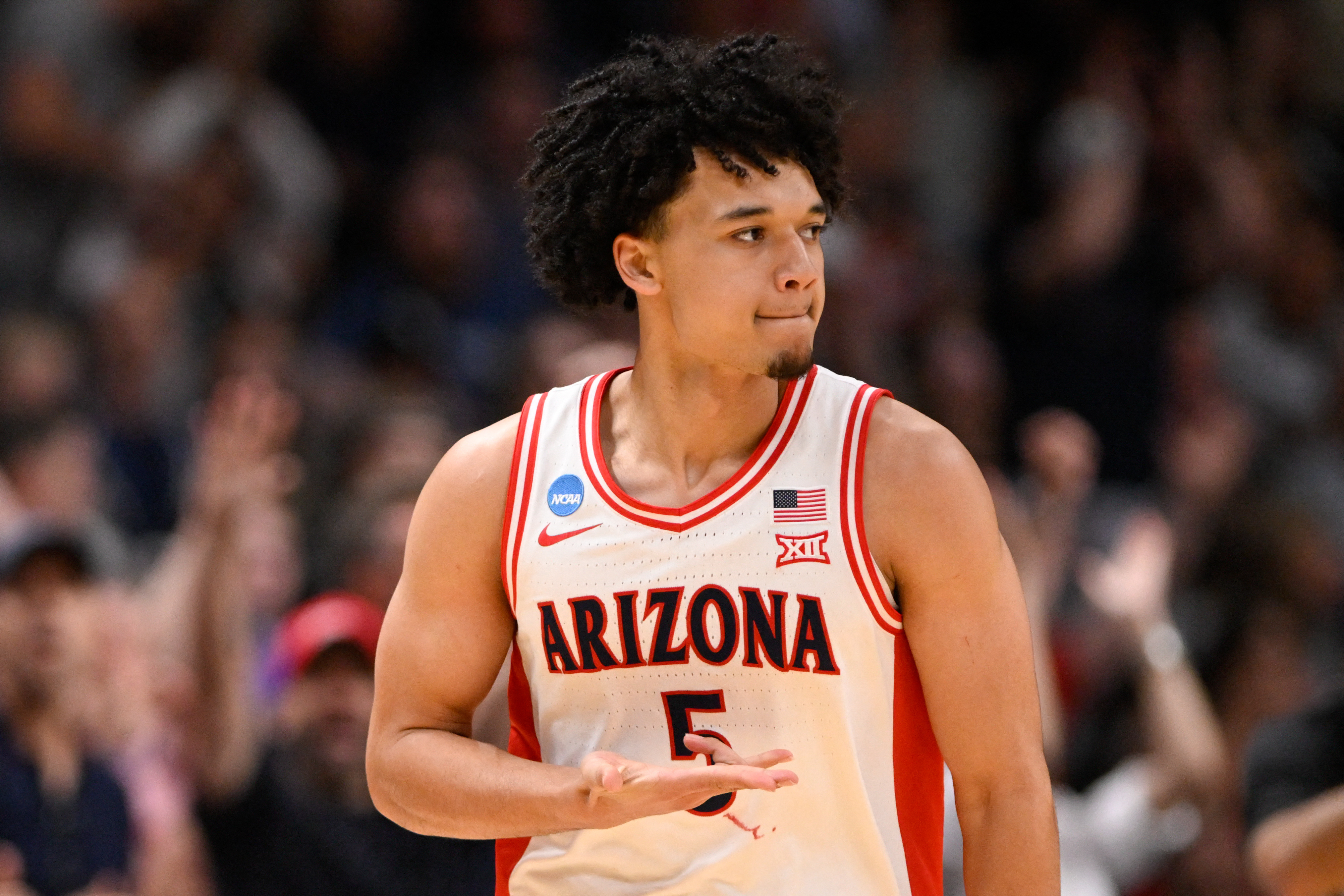 Arizona Wildcats guard Brayden Burries (5) celebrates against the Purdue Boilermakers in the Elite Eight. Arizona has the best March Madness win probability entering the Final Four.