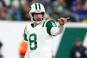 New York Jets quarterback Aaron Rodgers during the first half of their game against the Buffalo Bills at MetLife Stadium as we look at our bet365 bonus code.