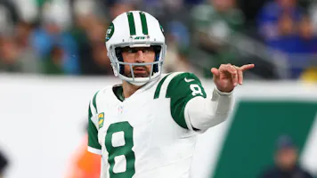 New York Jets quarterback Aaron Rodgers during the first half of their game against the Buffalo Bills at MetLife Stadium as we look at our bet365 bonus code.