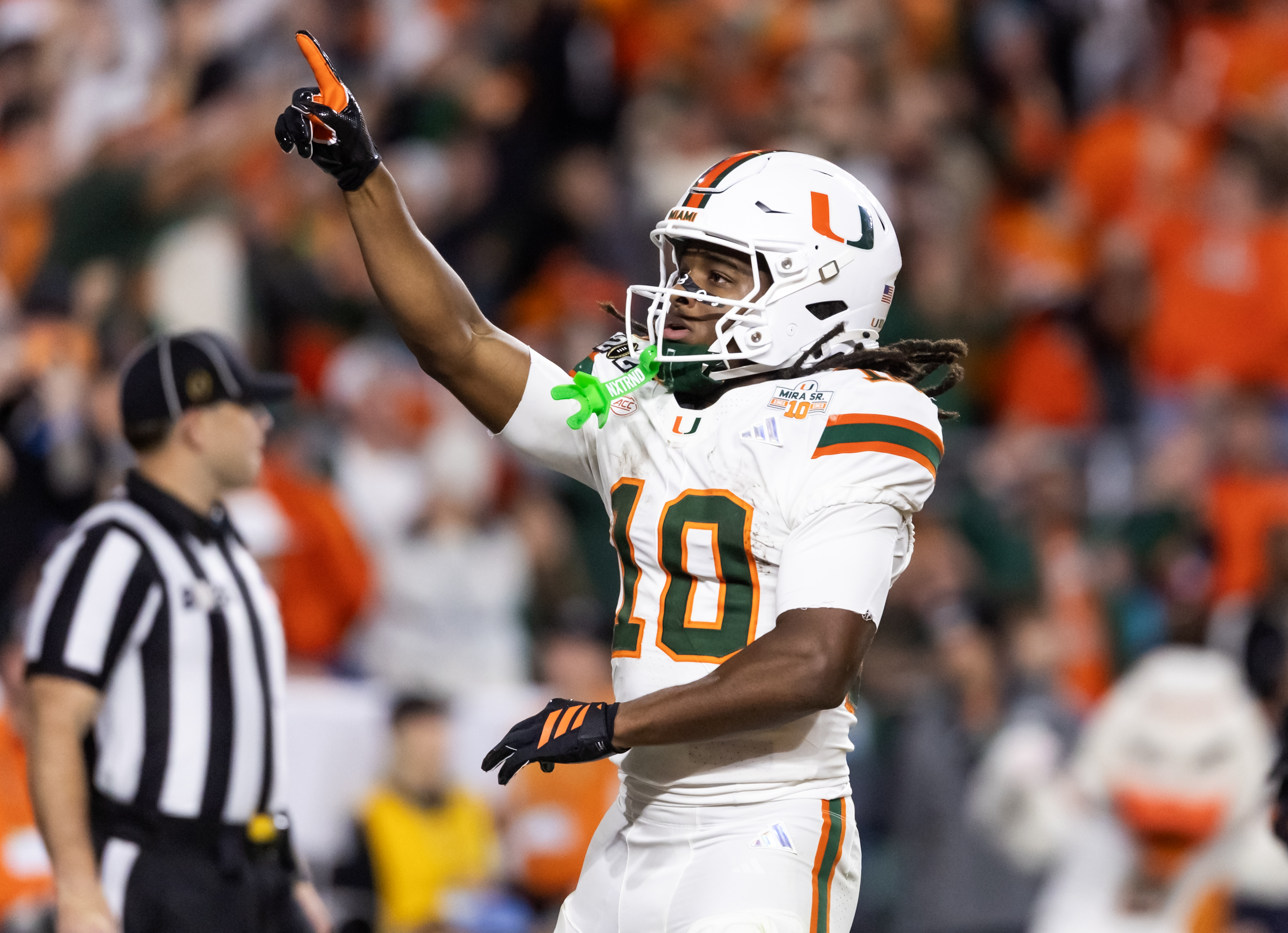 Miami wideout Malachi Toney celebrates as we make our best Miami vs. Stanford player props.