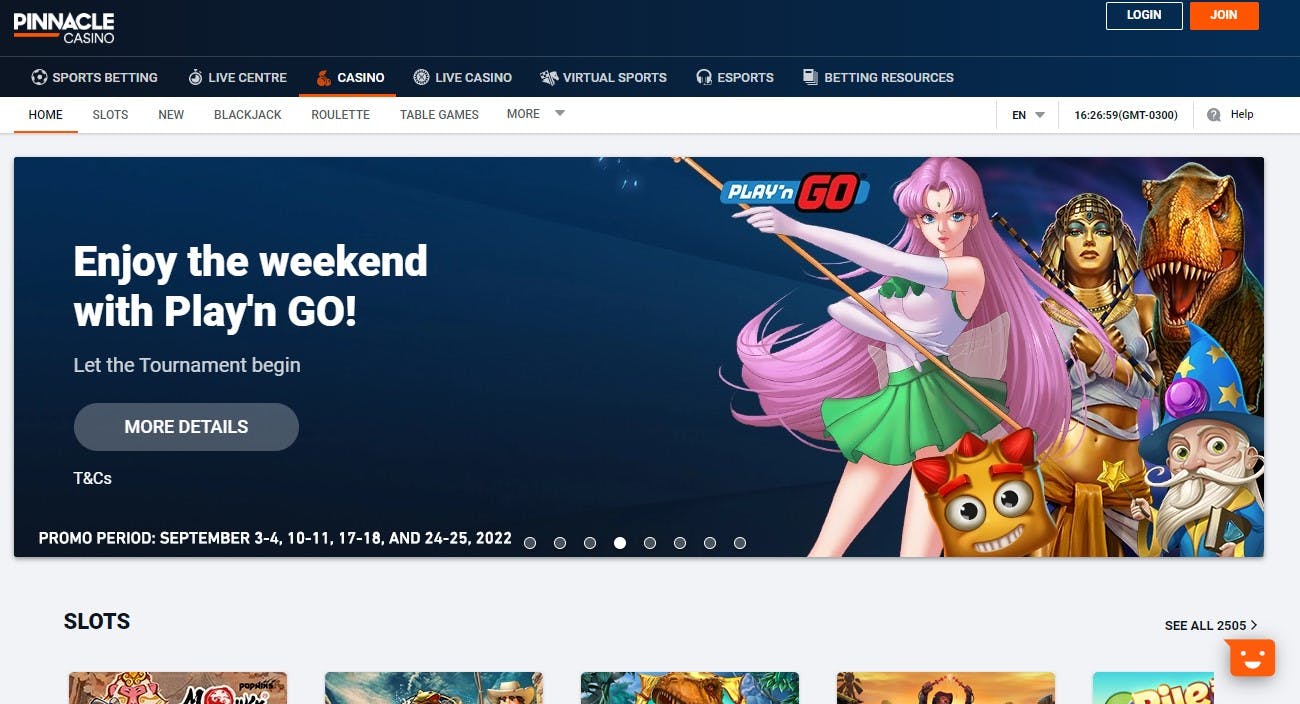 Pinnacle Casino home page<br>