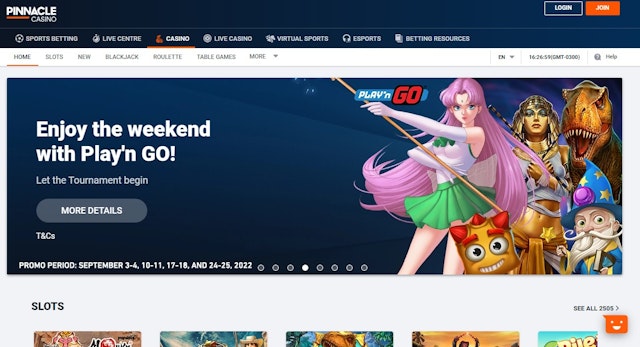 Pinnacle Casino home page<br>