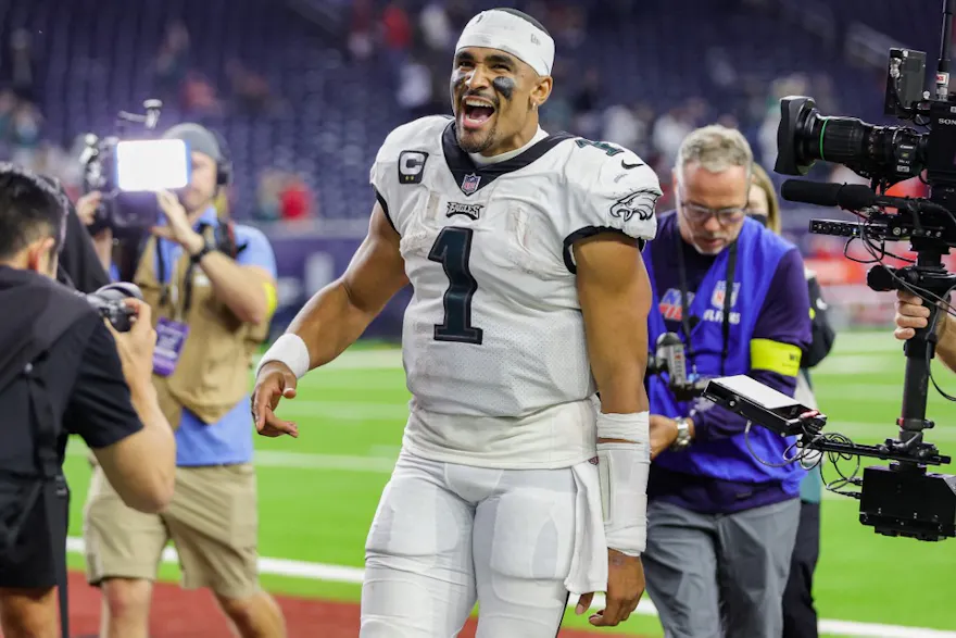 Jalen Hurts of the Philadelphia Eagles reacts following a win over the Houston Texans.