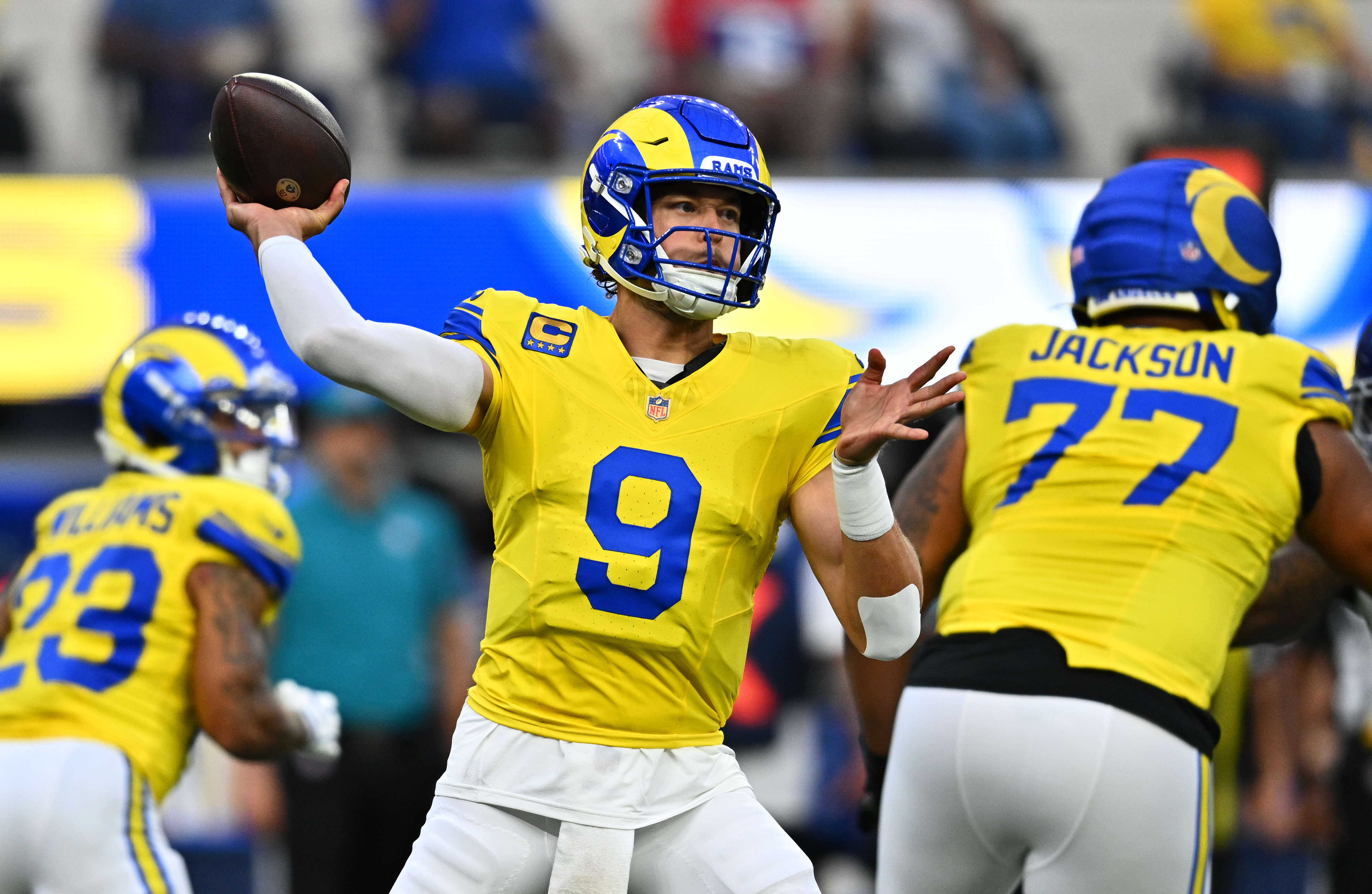 Rams quarterback Matthew Stafford (9) throws as we break down our Bills vs. Rams prediction.