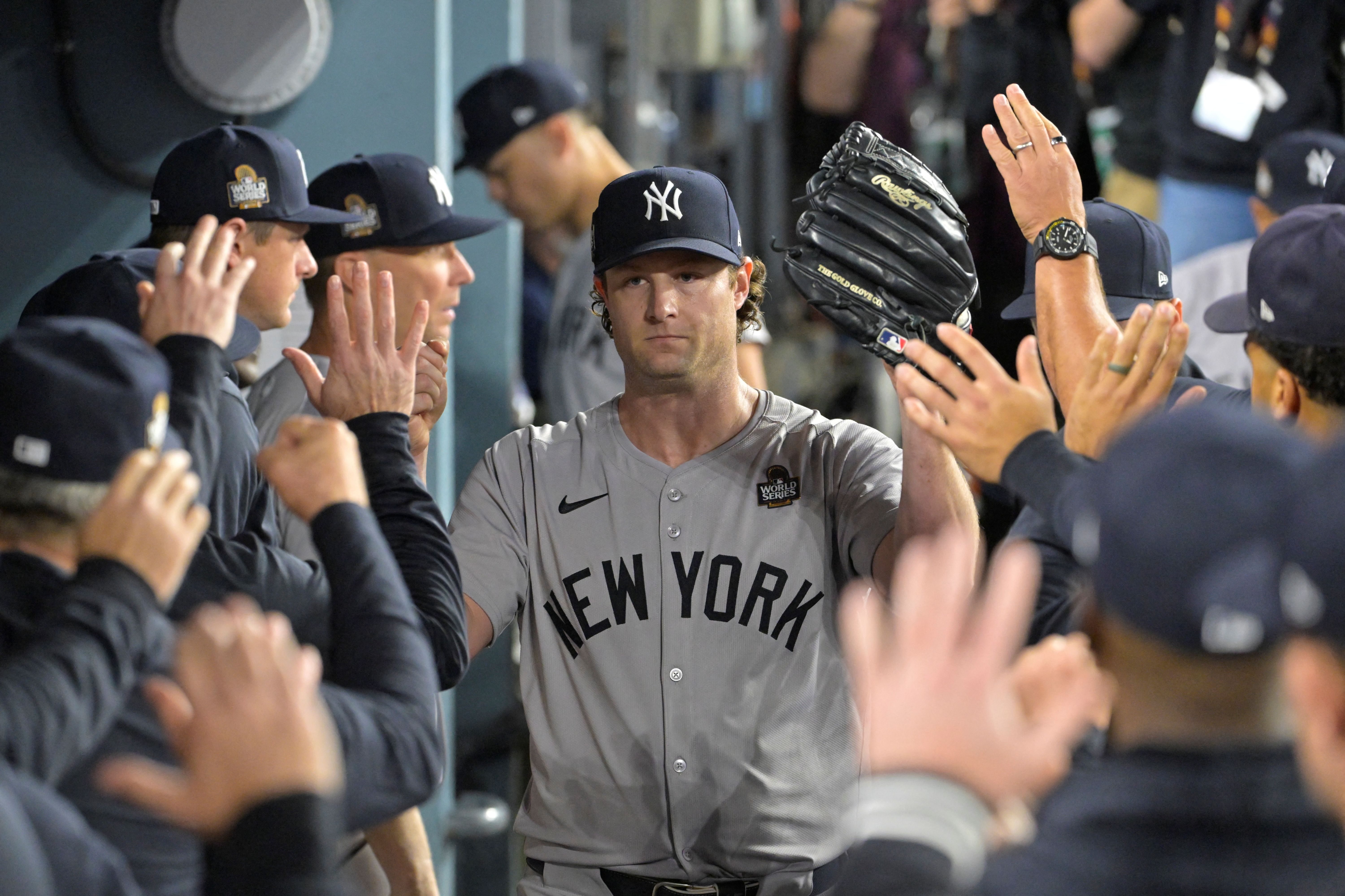New York Yankees starting pitcher Gerrit Cole receives congratulations in the dugout, and he's key as I look at the Yankees vs. Royals win probability.