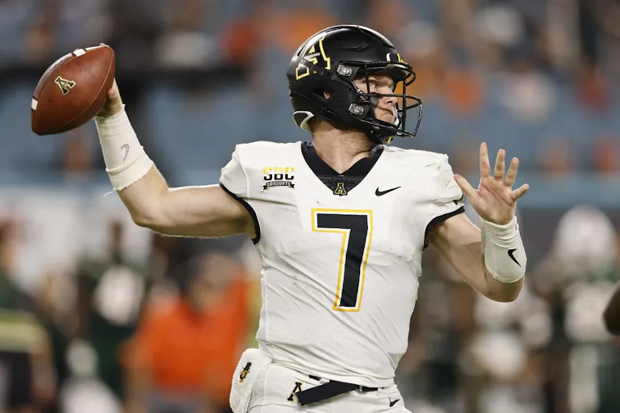 Chase Brice of the Appalachian State Mountaineers throws a pass against the Miami Hurricanes at Hard Rock Stadium on Sept. 11, 2021 in Miami Gardens, Florida.