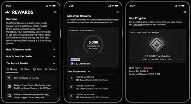 DraftKings app Rewards menu arranged in 3UP format.