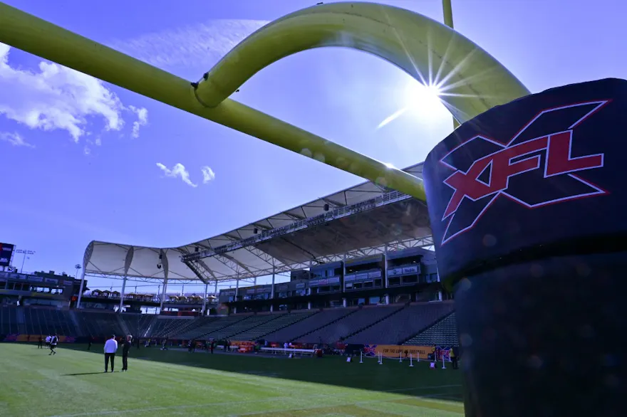 Goal post seen before an XFL game at Dignity Health Sports Park in Carson, California. Photo by John McCoy/Getty Images via AFP.