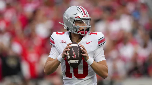 Ohio State Buckeyes quarterback Julian Sayin (10) as we provide our Penn State vs. Ohio State prediction.