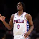 Tyrese Maxey of the Philadelphia 76ers celebrates after scoring a 3-pointer against the Washington Wizards during the second half at Capital One Arena as we look at our 76ers Celtics BetRivers promo code.