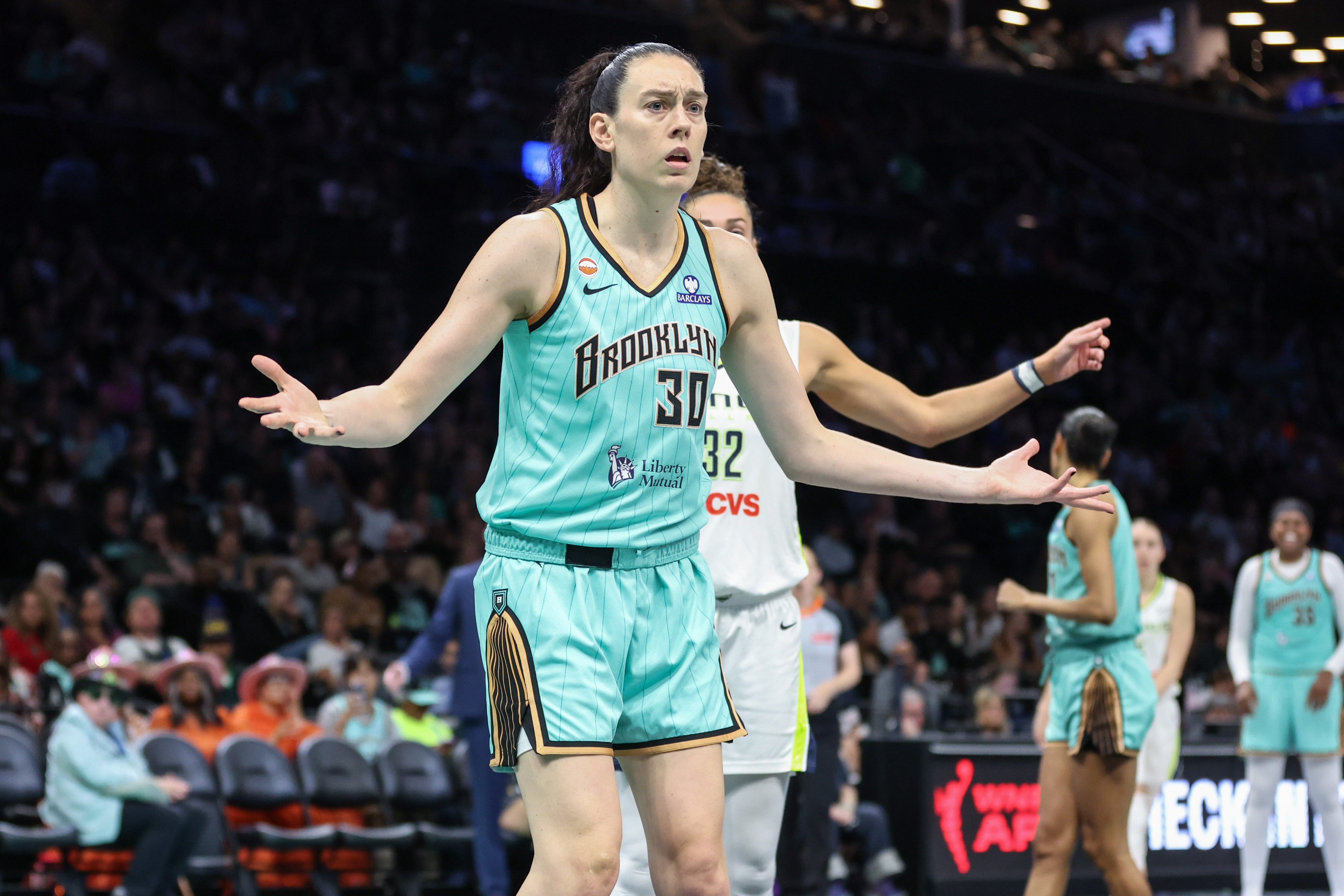 New York Liberty forward Breanna Stewart (30) reacts as she is featured in our Liberty vs. Fever prediction.