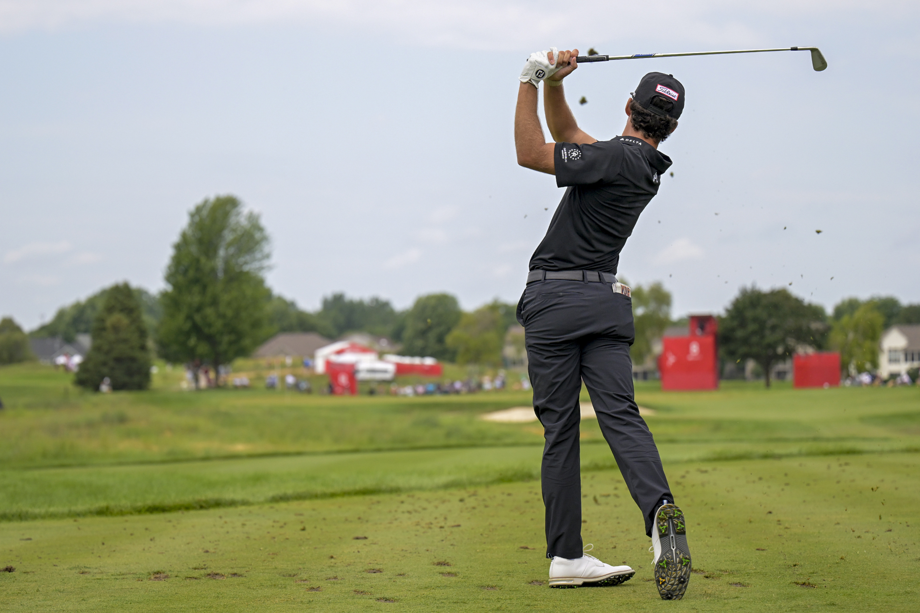 Jackson Koivun hits a tee shot on hole 8 as he is featured in our 3M Open Third-Round Leader prediction & odds.