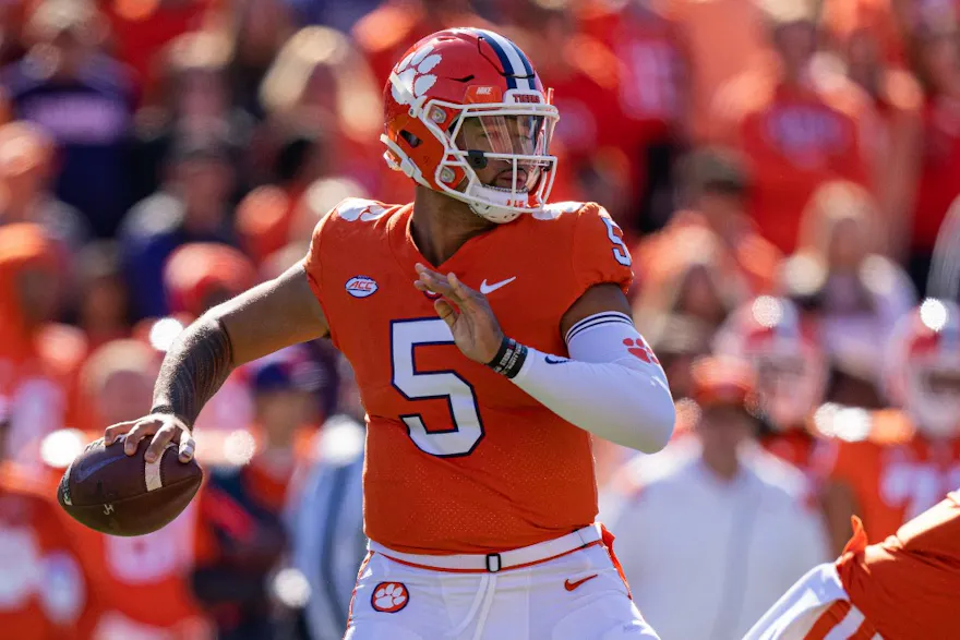 Quarterback D.J. Uiagalelei of the Clemson Tigers looks to pass against the Wake Forest Demon Deacons.