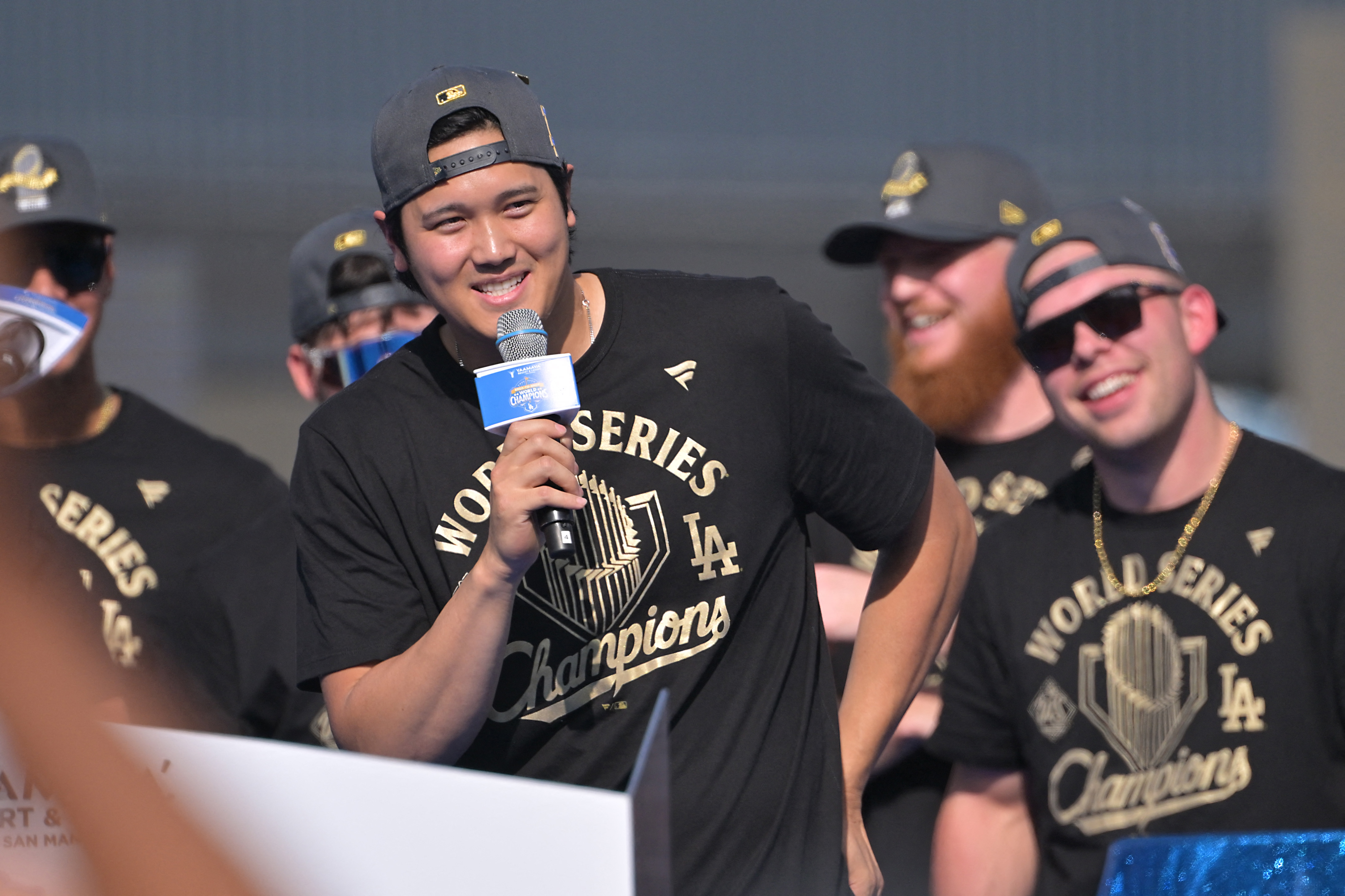 Los Angeles Dodgers superstar Shohei Ohtani during the World Series celebration, and his team headlines the latest World Series odds