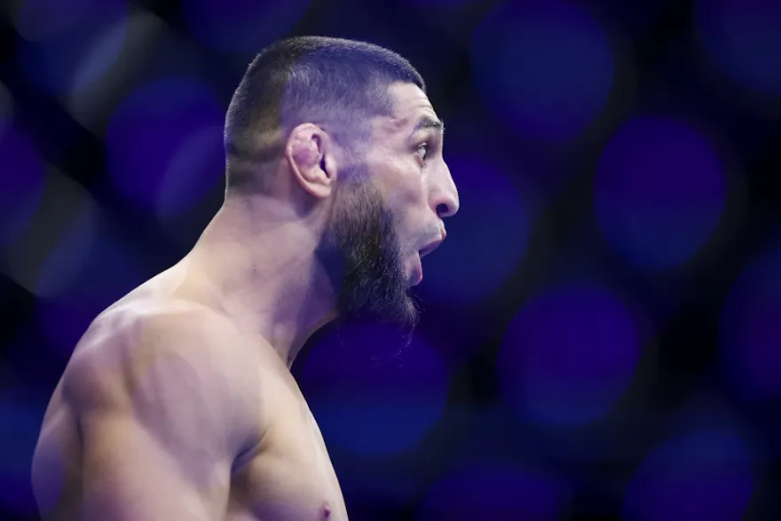 Khamzat Chimaev reacts as he is introduced for his welterweight fight against Gilbert Burns at UFC 273.