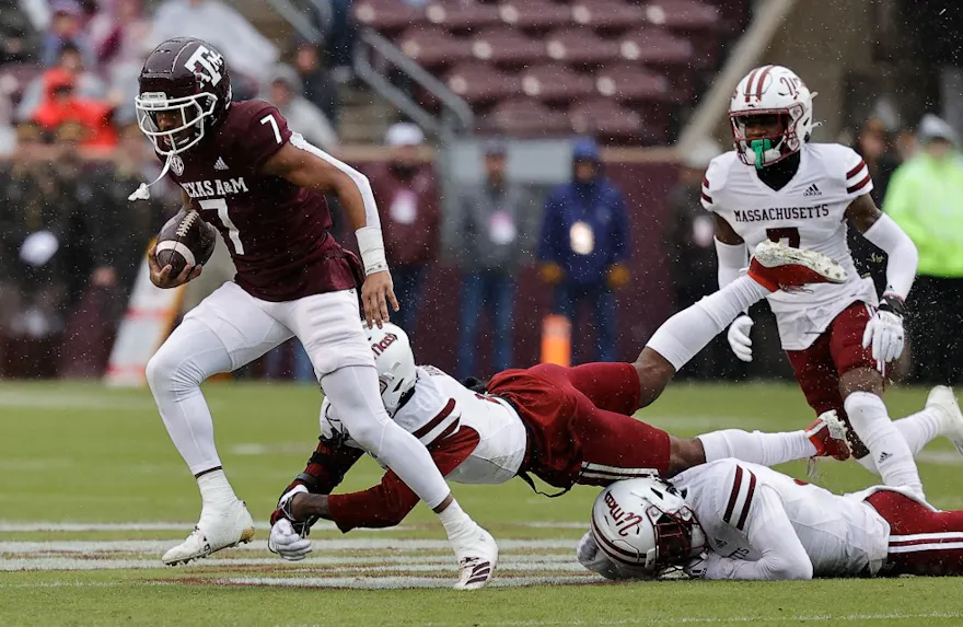 Moose Muhammad III of the Texas A&M Aggies runs with the ball after a catch against the Massachusetts Minutemen.