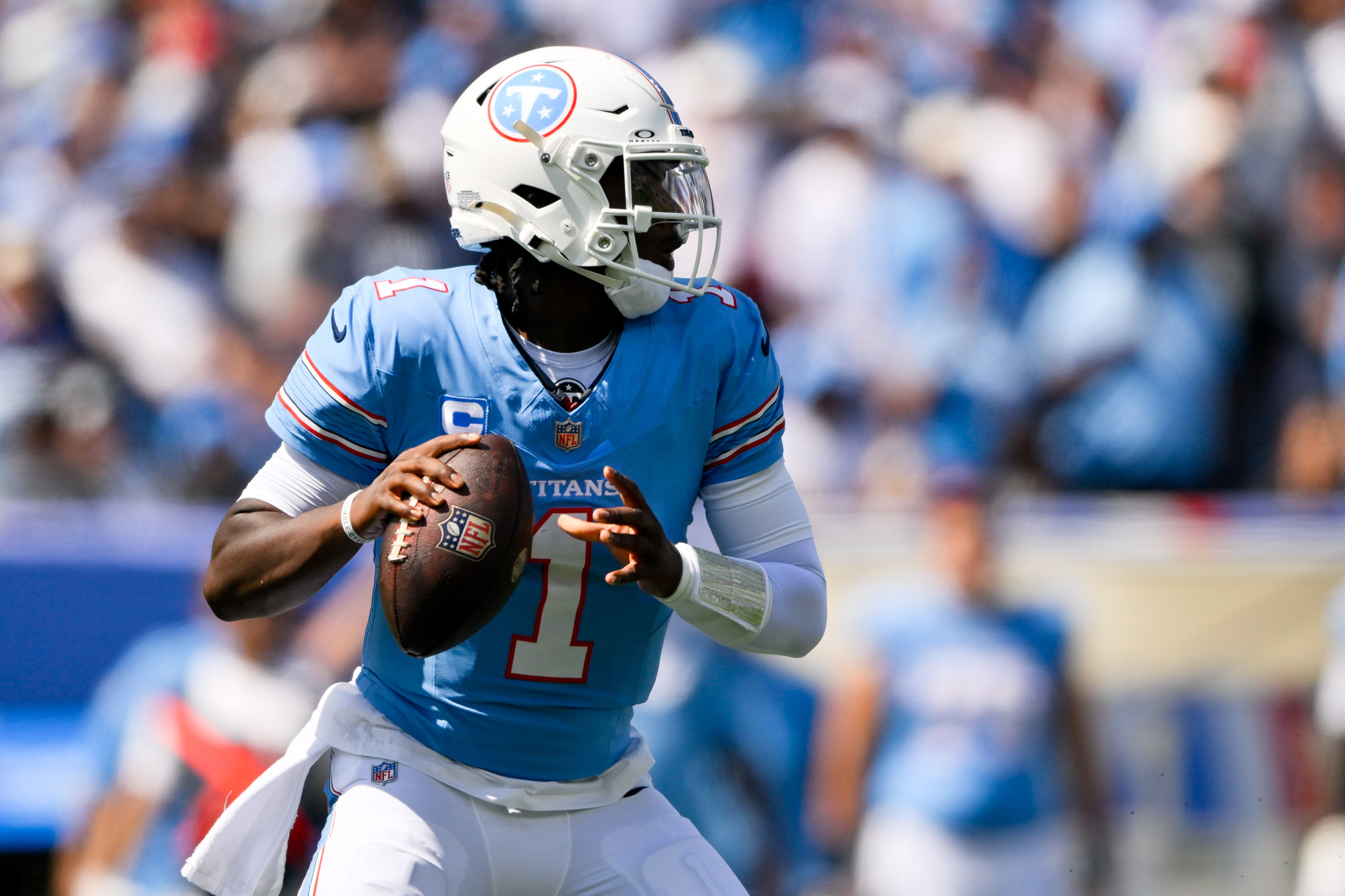 Tennessee Titans quarterback Cam Ward (1) stands in the pocket as we break down our Eagles vs. Titans prediction.