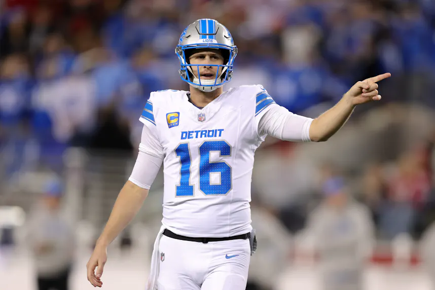 Detroit Lions quarterback Jared Goff signals at the referees during the first quarter against the San Francisco 49ers as we look at our Super Bowl Odds entering NFL divisional round.