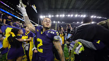 Blake Corum #2 of the Michigan Wolverines reacts as he walks off the field as we look at the best NFL draft odds.
