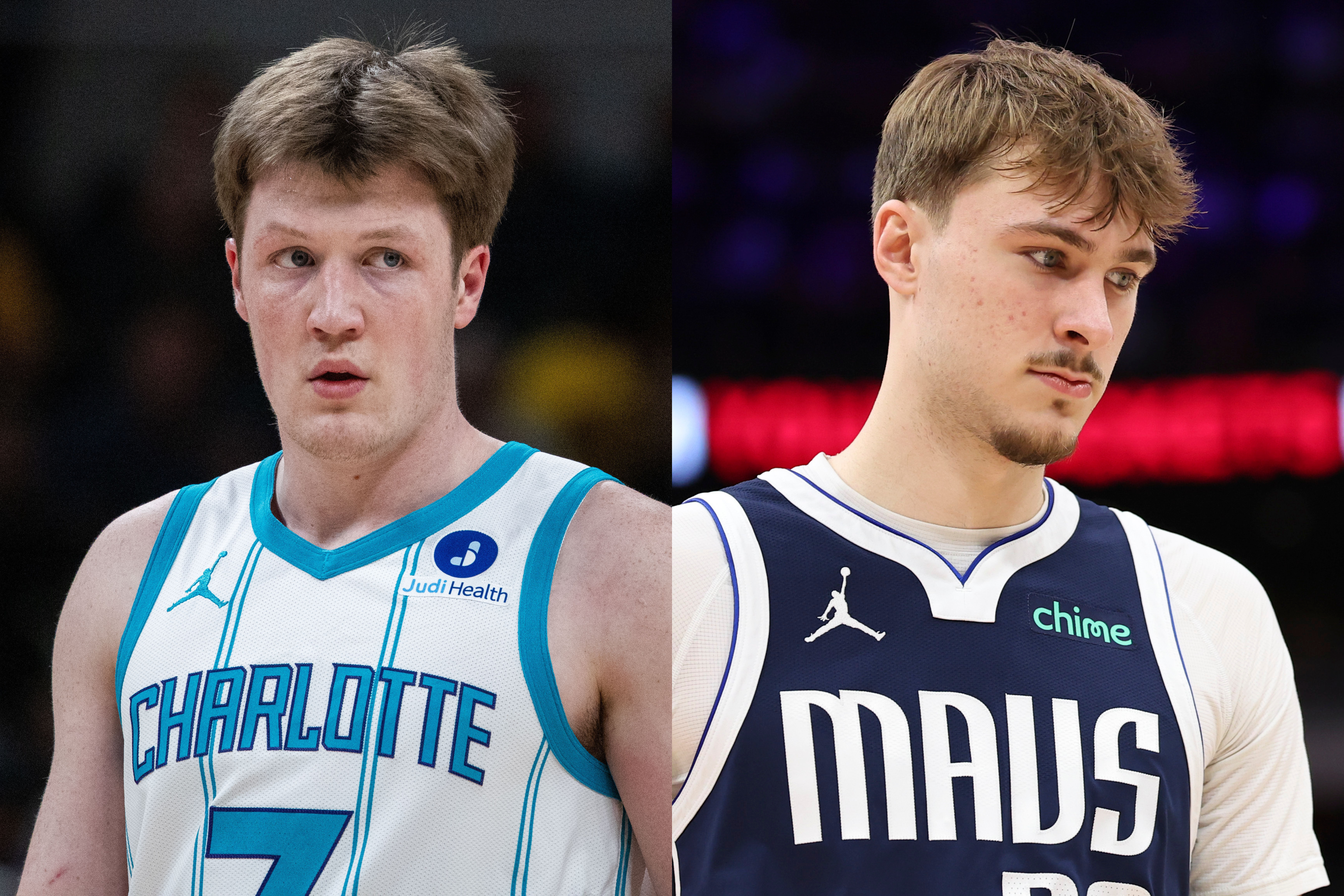 Charlotte Hornets guard Kon Knueppel (7) and Dallas Mavericks forward Cooper Flagg (32) have the shortest odds to win the NBA Rookie of the Year award.