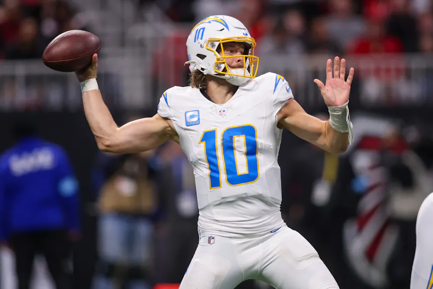 Los Angeles Chargers quarterback Justin Herbert throws a pass as we make our best Chargers vs. Chiefs SNF prediction.