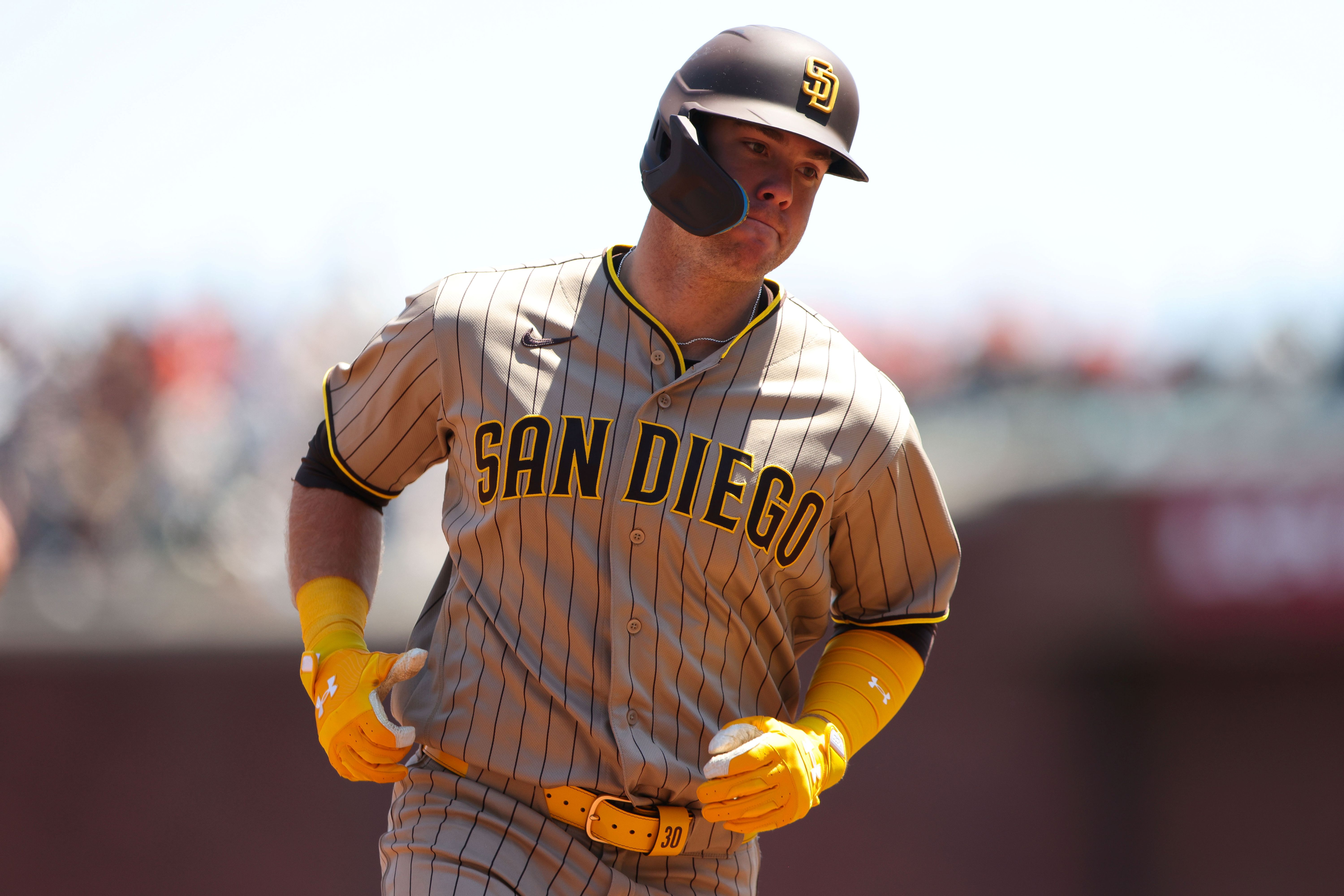 San Diego Padres first baseman Gavin Sheets (30), seen here jogging during a game, is featured in our Padres vs. Phillies prediction.